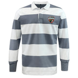 The EMB Mudoo Omaha Beavers RFC Classic Long Sleeve Hooped Rugby Jersey features wide white and gray stripes, a classic collar, button placket, and a chest patch with "OSU R.F.C. BEAVERS" and the beaver logo.