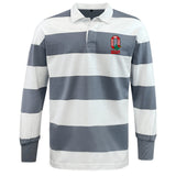 The EMB Mudoo Ohio State University Alumni Classic Long Sleeve Hooped Rugby Jersey features bold gray and white stripes, a white collar, and an embroidered chest patch for a vintage rugby look.