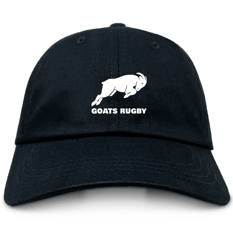 The Omaha GOATS Rugby Adult Low-Profile Cotton Twill Dad Cap by EMB S&S Activewear features a classic black design with a white charging goat graphic and bold "GOATS RUGBY" branding on the front.