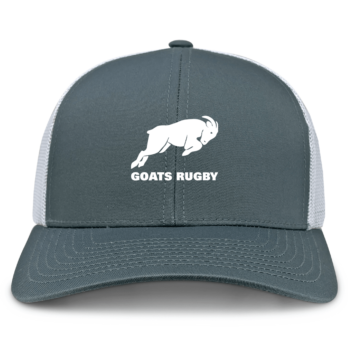 The Omaha GOATS Rugby Retro Trucker Cap by EMB S&S Activewear features a grey and white design, a front "GOATS RUGBY" goat graphic, and an adjustable snapback closure.