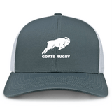 The Omaha GOATS Rugby Retro Trucker Cap by EMB S&S Activewear features a grey and white design, a front "GOATS RUGBY" goat graphic, and an adjustable snapback closure.