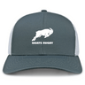 The Omaha GOATS Rugby Retro Trucker Cap by EMB S&S Activewear features a grey and white design, a front "GOATS RUGBY" goat graphic, and an adjustable snapback closure.