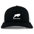 The Omaha GOATS Rugby Retro Trucker Cap by EMB S&S Activewear features a black and white design with an embroidered goat graphic and "GOATS RUGBY" text on the front, plus an adjustable snapback closure.