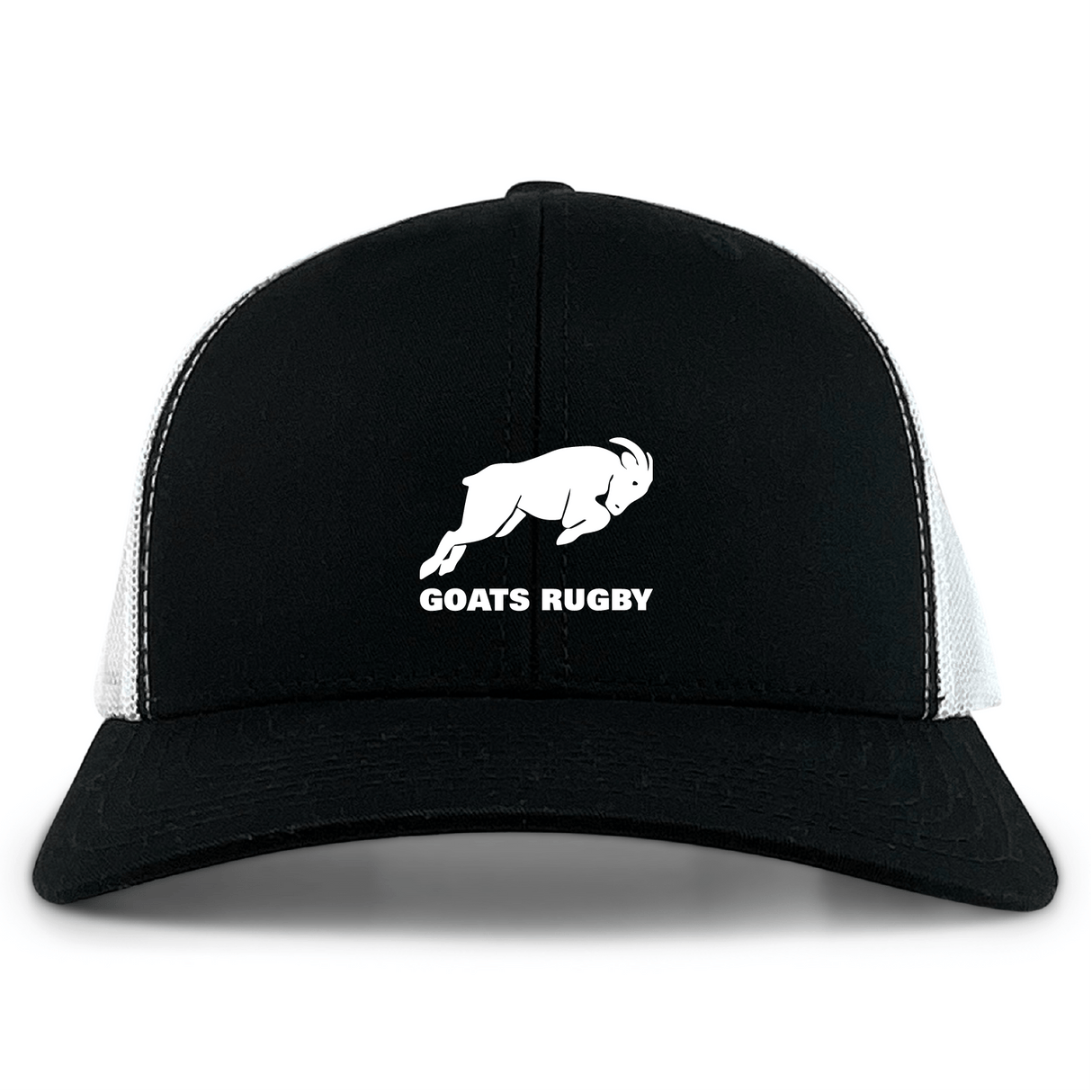 The Omaha GOATS Rugby Retro Trucker Cap by EMB S&S Activewear features a black and white design with an embroidered goat graphic and "GOATS RUGBY" text on the front, plus an adjustable snapback closure.