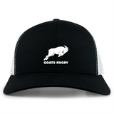 The Omaha GOATS Rugby Retro Trucker Cap by EMB S&S Activewear features a black and white design with an embroidered goat graphic and "GOATS RUGBY" text on the front, plus an adjustable snapback closure.