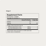 The Momentous Omega-3 Travel Packs Supplement Facts label lists serving size, calories, total fat, and 800mg each of EPA and DHA per serving—formulated for cardiovascular health. Daily values for EPA/DHA are not established.