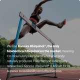 A female athlete jumps over a hurdle on a track, with text highlighting how Momentous Ubiquinol by Momentous supports mitochondrial function for enhanced energy and performance.