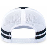 Back view of the WRS Low Profile Stripe Trucker Cap - Limited Edition by Augusta Sportswear, featuring white mesh, black stripes, and an adjustable plastic closure.