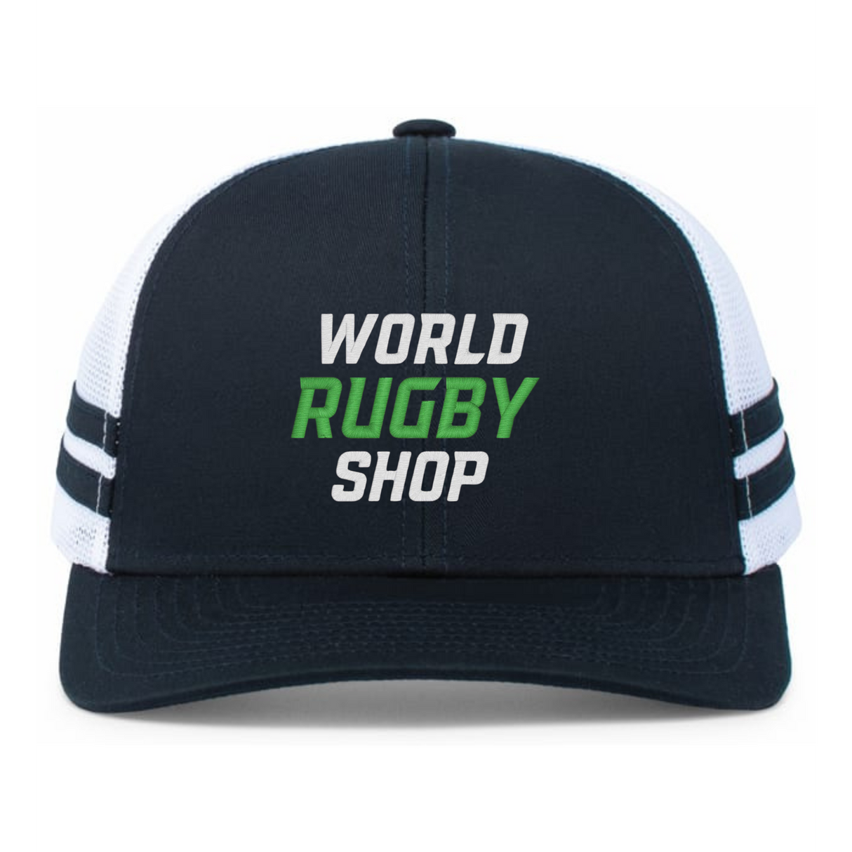 The Augusta Sportswear WRS Low Profile Stripe Trucker Cap - Limited Edition features black and white colors, two side stripes, and "World Rugby Shop" printed on the front.