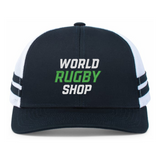 The Augusta Sportswear WRS Low Profile Stripe Trucker Cap - Limited Edition features black and white colors, two side stripes, and "World Rugby Shop" printed on the front.