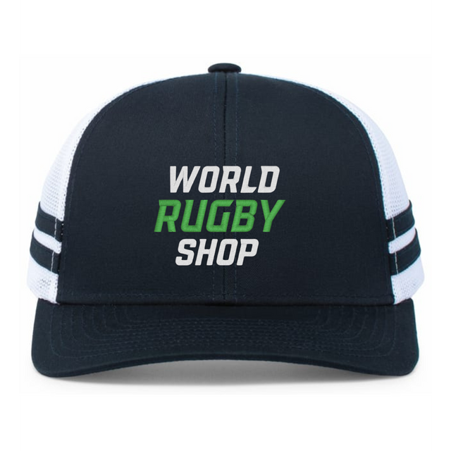 The Augusta Sportswear WRS Low Profile Stripe Trucker Cap - Limited Edition features black and white colors, two side stripes, and "World Rugby Shop" printed on the front.