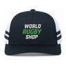 The Augusta Sportswear WRS Low Profile Stripe Trucker Cap - Limited Edition features black and white colors, two side stripes, and "World Rugby Shop" printed on the front.
