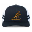 The Australia Wallabies Low Profile Stripe Trucker Cap by Augusta Sportswear is a limited edition black and white rugby hat with an orange kangaroo logo and "Wallabies" on the front—perfect for fans.