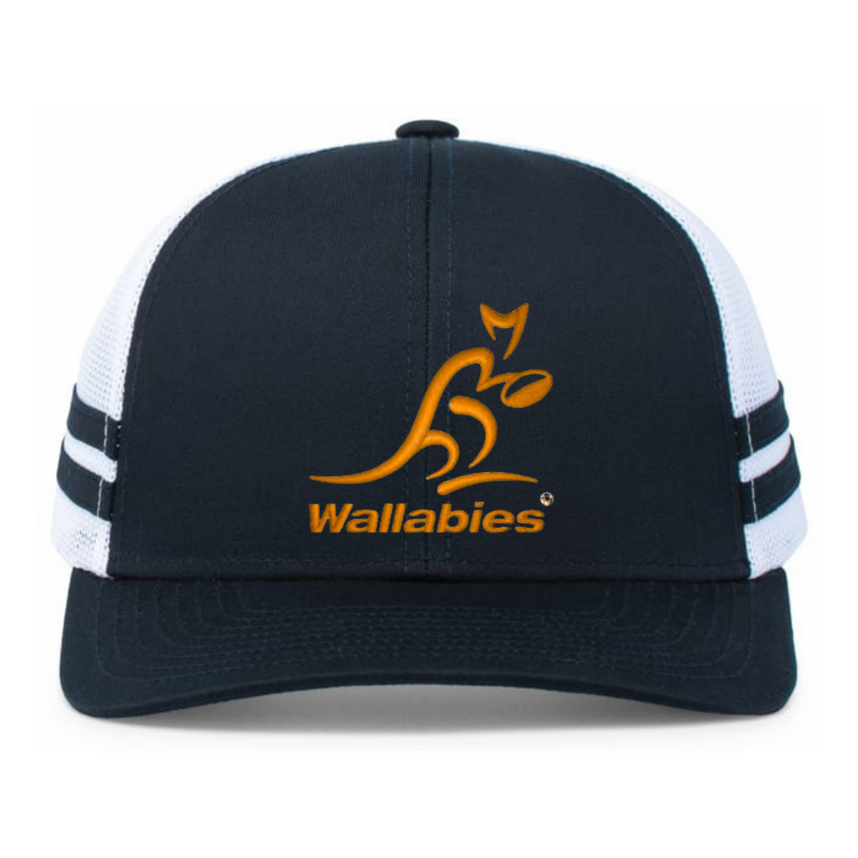 The Australia Wallabies Low Profile Stripe Trucker Cap by Augusta Sportswear is a limited edition black and white rugby hat with an orange kangaroo logo and "Wallabies" on the front—perfect for fans.