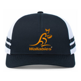 The Australia Wallabies Low Profile Stripe Trucker Cap by Augusta Sportswear is a limited edition black and white rugby hat with an orange kangaroo logo and "Wallabies" on the front—perfect for fans.