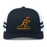 The Australia Wallabies Low Profile Stripe Trucker Cap by Augusta Sportswear is a limited edition black and white rugby hat with an orange kangaroo logo and "Wallabies" on the front—perfect for fans.