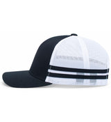 Side view of the WRS Low Profile Stripe Trucker Cap - Limited Edition by Augusta Sportswear, featuring black and white mesh with two black horizontal stripes on the back, available at World Rugby Shop.