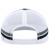 The Fiji Low Profile Stripe Trucker Cap - Limited Edition by Augusta Sportswear features a white mesh back, adjustable snapback strap, and two horizontal gray and black stripes.