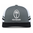 The Fiji Low Profile Stripe Trucker Cap - Limited Edition by Augusta Sportswear is a grey and black cap with a white mesh back, featuring a palm tree and official Fiji Rugby logo on the front.