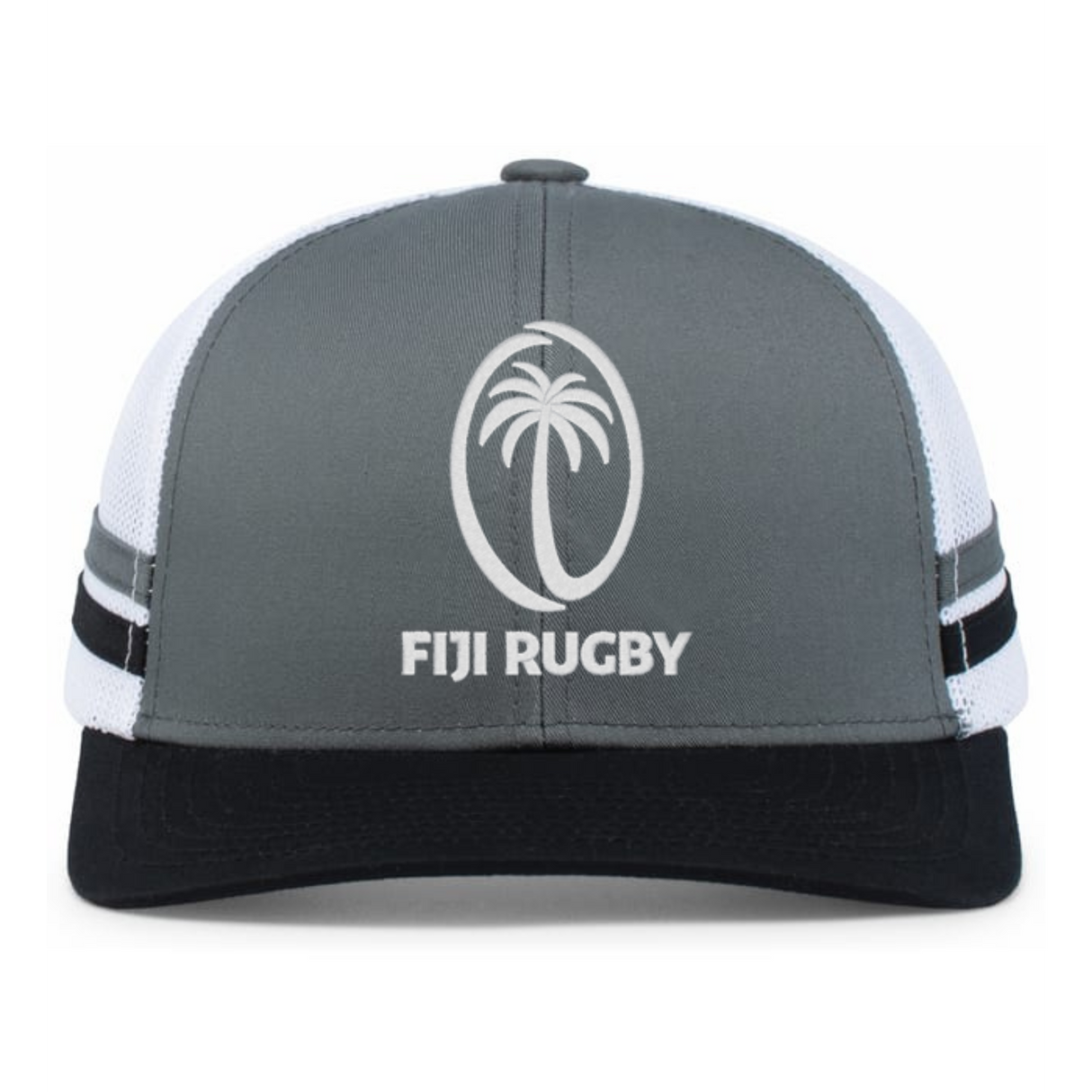 The Fiji Low Profile Stripe Trucker Cap - Limited Edition by Augusta Sportswear is a grey and black cap with a white mesh back, featuring a palm tree and official Fiji Rugby logo on the front.