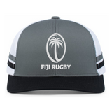 The Fiji Low Profile Stripe Trucker Cap - Limited Edition by Augusta Sportswear is a grey and black cap with a white mesh back, featuring a palm tree and official Fiji Rugby logo on the front.