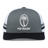 The Fiji Low Profile Stripe Trucker Cap - Limited Edition by Augusta Sportswear is a grey and black cap with a white mesh back, featuring a palm tree and official Fiji Rugby logo on the front.