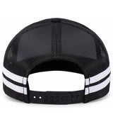 Back view of the WRS Low Profile Stripe Trucker Cap - Limited Edition by Augusta Sportswear, featuring black mesh, two white stripes, and an adjustable snapback closure.