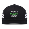 Show your rugby pride with the WRS Low Profile Stripe Trucker Cap - Limited Edition by Augusta Sportswear, featuring white side stripes and bold "WORLD RUGBY SHOP" in green and white on the front.
