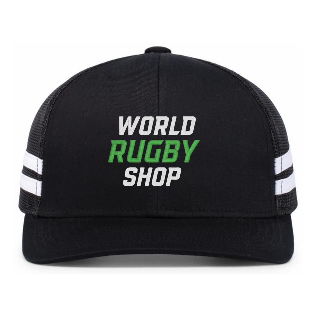 Show your rugby pride with the WRS Low Profile Stripe Trucker Cap - Limited Edition by Augusta Sportswear, featuring white side stripes and bold "WORLD RUGBY SHOP" in green and white on the front.