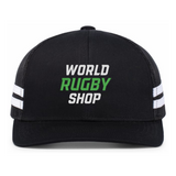 Show your rugby pride with the WRS Low Profile Stripe Trucker Cap - Limited Edition by Augusta Sportswear, featuring white side stripes and bold "WORLD RUGBY SHOP" in green and white on the front.