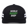 Show your rugby pride with the WRS Low Profile Stripe Trucker Cap - Limited Edition by Augusta Sportswear, featuring white side stripes and bold "WORLD RUGBY SHOP" in green and white on the front.