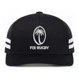 The Fiji Low Profile Stripe Trucker Cap - Limited Edition by Augusta Sportswear features black fabric, white side stripes, and an oval Fiji Rugby logo with a palm tree and "FIJI RUGBY" text on the front.