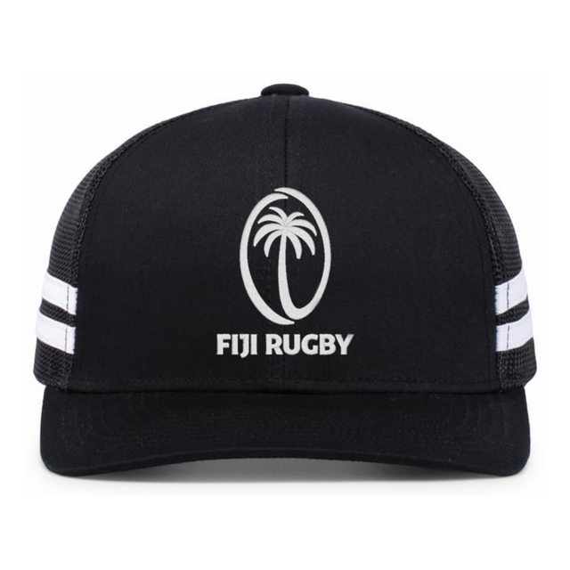 The Fiji Low Profile Stripe Trucker Cap - Limited Edition by Augusta Sportswear features black fabric, white side stripes, and an oval Fiji Rugby logo with a palm tree and "FIJI RUGBY" text on the front.