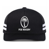 The Fiji Low Profile Stripe Trucker Cap - Limited Edition by Augusta Sportswear features black fabric, white side stripes, and an oval Fiji Rugby logo with a palm tree and "FIJI RUGBY" text on the front.