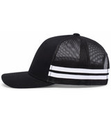 The WRS Low Profile Stripe Trucker Cap - Limited Edition by Augusta Sportswear features a black mesh design, solid front panel, curved brim, and two white side stripes—ideal for fans at World Rugby Shop.