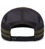 The back of the WRS Low Profile Stripe Trucker Cap by Augusta Sportswear features black mesh with green stripes and an adjustable plastic strap for a comfortable, low-profile fit. Limited Edition.