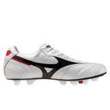 The Mizuno Morelia II FG Made in Japan (White/Black/Red) soccer cleats feature premium kangaroo leather, white laces, black and red accents, molded studs, and are displayed on a plain background.