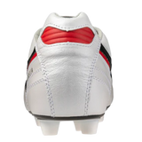 Rear view of the Mizuno Morelia II FG Made in Japan soccer cleat in white/black/red, featuring fine stitching, molded studs, and premium kangaroo leather—expertly crafted by Mizuno.