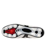 The sole of the Mizuno Morelia II FG Made in Japan - White/Black/Red features white studs, a red heel section, and black-and-white detailing—premium kangaroo leather football boots by Mizuno.