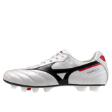 The Mizuno Morelia II FG Made in Japan soccer cleat in White/Black/Red features premium kangaroo leather, black and red details, molded studs, and a lace-up design—all displayed on a plain white background.