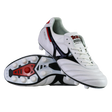 A pair of Mizuno Morelia II FG Made in Japan soccer cleats in white/black/red, premium kangaroo leather, with one upright and the other showing the sole's stud pattern. Brand: Mizuno.