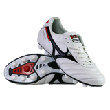 A pair of Mizuno Morelia II FG Made in Japan soccer cleats in white/black/red, premium kangaroo leather, with one upright and the other showing the sole's stud pattern. Brand: Mizuno.