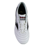 The Mizuno Morelia II FG Made in Japan soccer cleat in White/Black/Red, crafted from premium kangaroo leather, features visible laces, tongue, and branded insole when viewed from above.