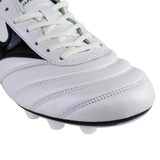 Close-up of the Mizuno Morelia II FG Made in Japan - White/Black/Red football boot, highlighting its black accents, white laces, fine stitching, and sole studs—showcasing Mizuno's renowned Japanese craftsmanship.