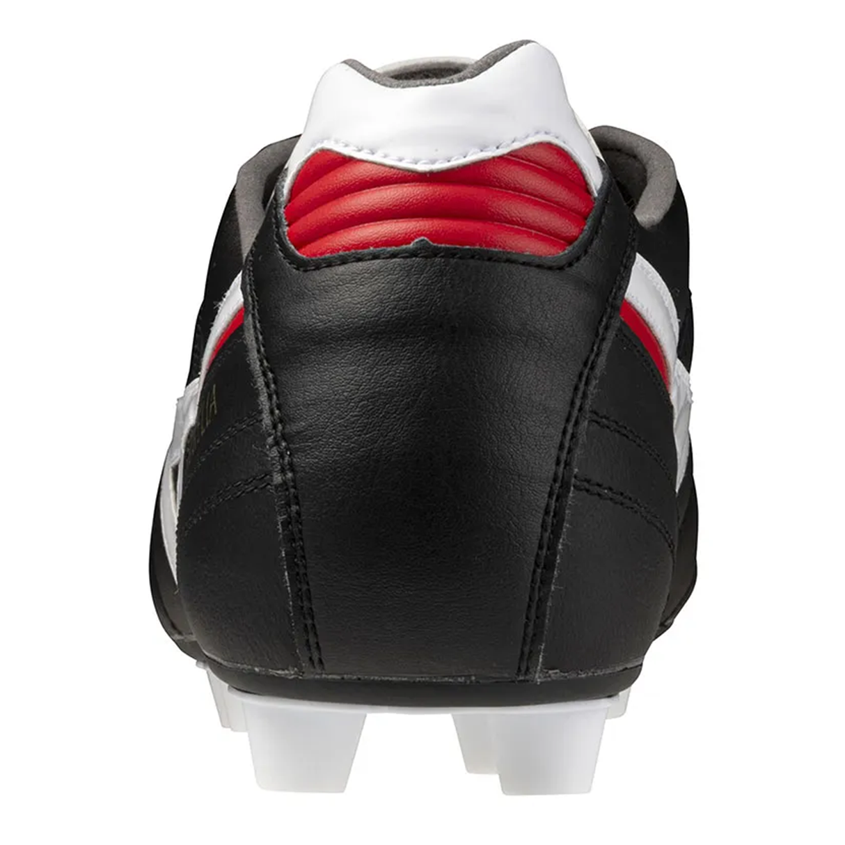 A close-up rear view of the Mizuno Morelia II Elite FG football boot in Black/White/Red shows white studs, a white stripe, and red heel detailing.