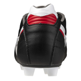 A close-up rear view of the Mizuno Morelia II Elite FG football boot in Black/White/Red shows white studs, a white stripe, and red heel detailing.