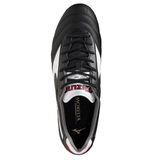 The Mizuno Morelia II Elite FG - Black/White/Red is a classic K-leather soccer shoe for firm ground, shown from above with visible laces, tongue, and Mizuno branding on the insole and tongue.