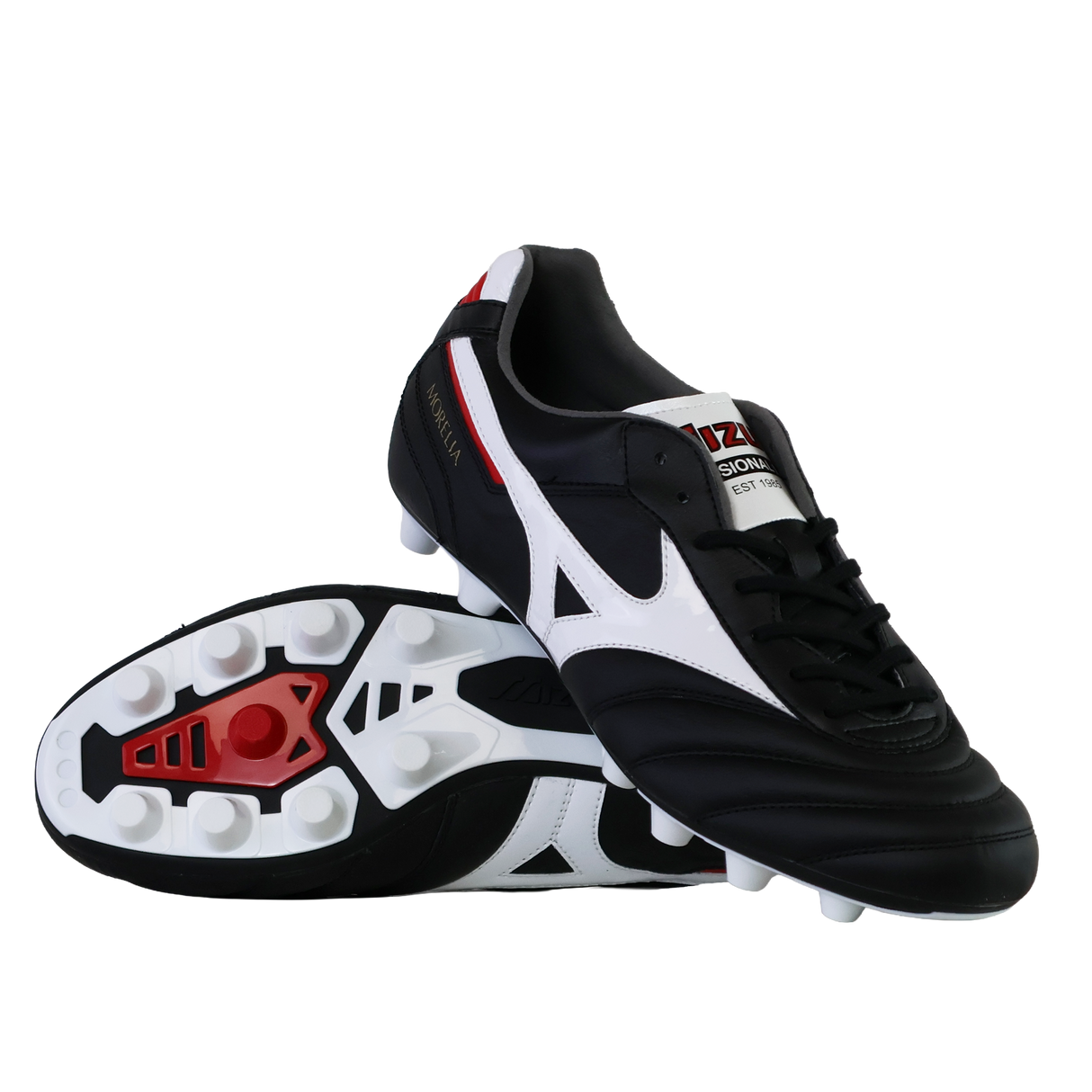 A pair of Mizuno Morelia II Elite FG football boots in Black/White/Red—one flat showing the sole, the other upright.