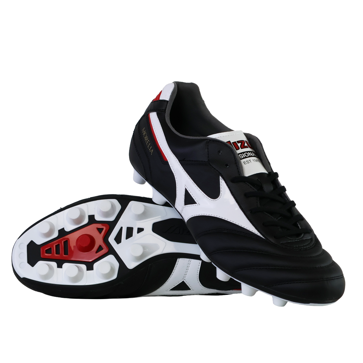 A pair of Mizuno Morelia II Elite FG football boots in Black/White/Red—one flat showing the sole, the other upright.