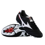 A pair of Mizuno Morelia II Elite FG football boots in Black/White/Red—one flat showing the sole, the other upright.